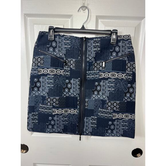 W By Worth Navy Blue Anf Black Patchwork Tapestry A Line Skirt Size 8 - Picture 2 of 10